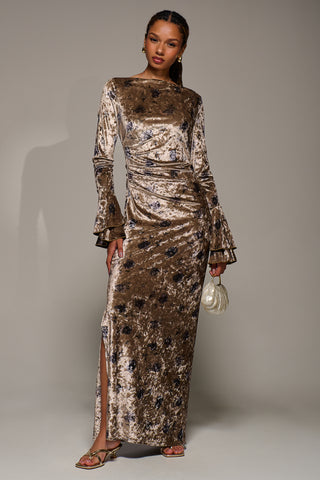 Ruffle Sleeve Asymmetric Neck Velvet Maxi, Gold Abstract