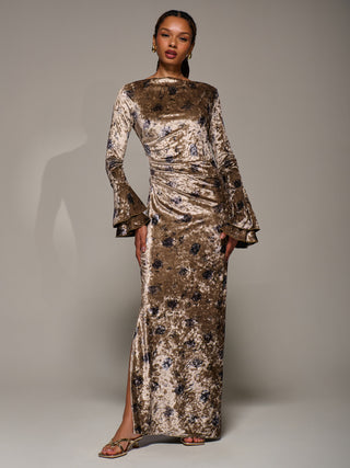 Ruffle Sleeve Asymmetric Neck Velvet Maxi, Gold Abstract