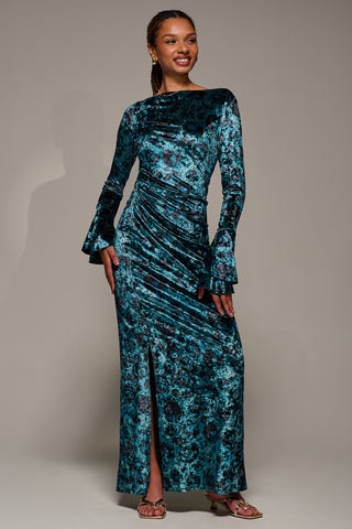 Ruffle Sleeve Asymmetric Neck Velvet Maxi, Green Abstract