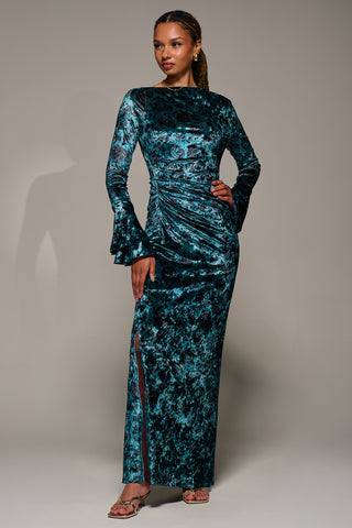Ruffle Sleeve Asymmetric Neck Velvet Maxi, Green Abstract