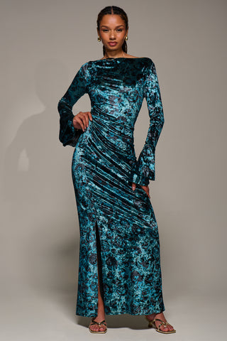 Ruffle Sleeve Asymmetric Neck Velvet Maxi, Green Abstract
