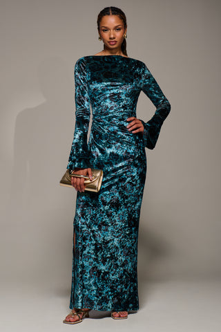 Ruffle Sleeve Asymmetric Neck Velvet Maxi, Green Abstract