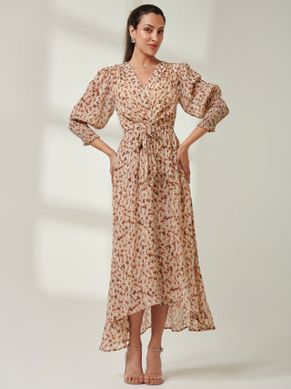 V Neck Tie Waist Puff Sleeve Maxi Dress, Brown Floral