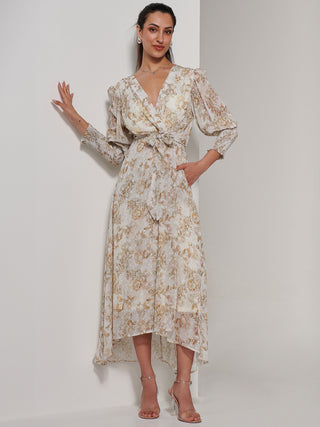 V Neck Tie Waist Puff Sleeve Maxi Dress, Cream Floral