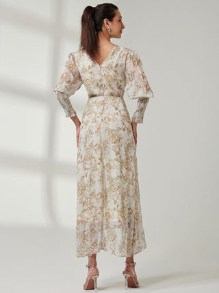 V Neck Tie Waist Puff Sleeve Maxi Dress, Cream Floral