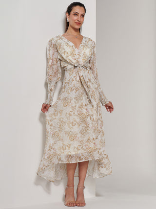 V Neck Tie Waist Puff Sleeve Maxi Dress, Cream Floral