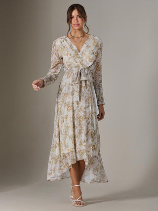 Floral Tie Up Maxi Dress, Cream Floral