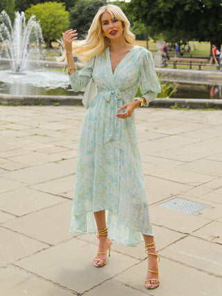 V Neck Tie Waist Puff Sleeve Maxi Dress, Green Abstract