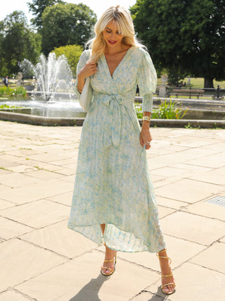 V Neck Tie Waist Puff Sleeve Maxi Dress, Green Abstract