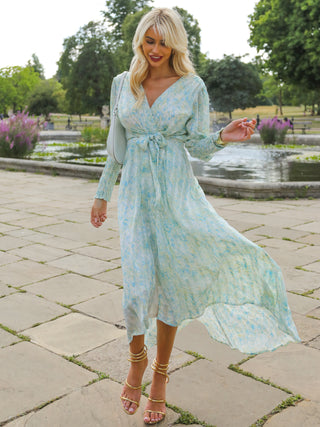 V Neck Tie Waist Puff Sleeve Maxi Dress, Green Abstract