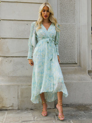 V Neck Tie Waist Puff Sleeve Maxi Dress, Green Abstract