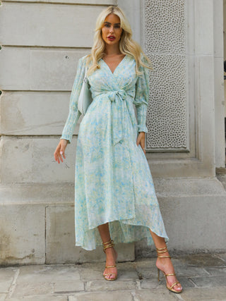 V Neck Tie Waist Puff Sleeve Maxi Dress, Green Abstract