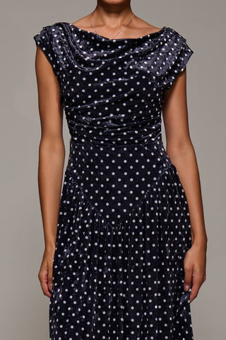 Cowl Neckline Draped Velvet Midaxi Dress, Black Polka Dot