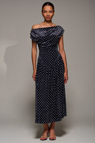 Cowl Neckline Draped Velvet Midaxi Dress, Black Polka Dot