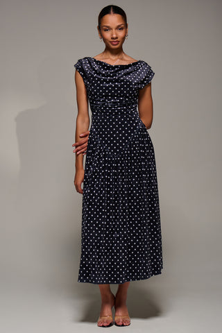 Cowl Neckline Draped Velvet Midaxi Dress, Black Polka Dot