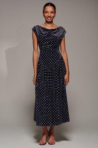 Cowl Neckline Draped Velvet Midaxi Dress, Black Polka Dot