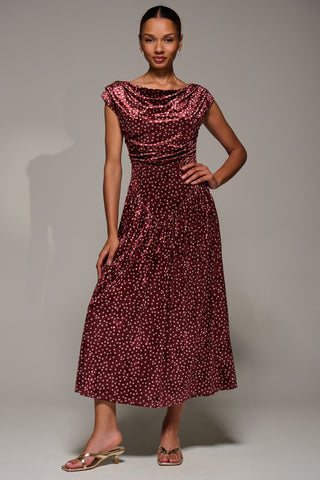Cowl Neckline Draped Velvet Midaxi Dress, Burgundy Polka Dot