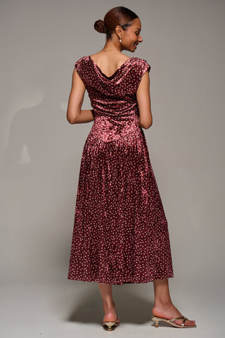 Cowl Neckline Draped Velvet Midaxi Dress, Burgundy Polka Dot