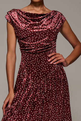 Cowl Neckline Draped Velvet Midaxi Dress, Burgundy Polka Dot
