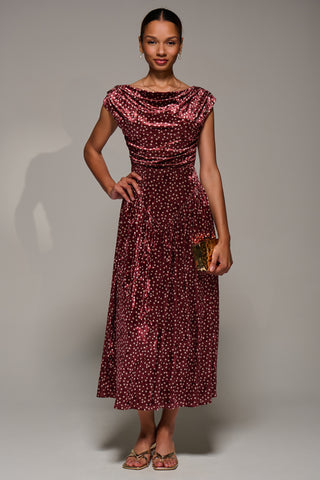 Cowl Neckline Draped Velvet Midaxi Dress, Burgundy Polka Dot