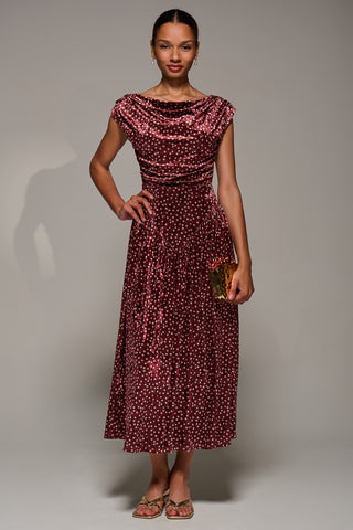 Cowl Neckline Draped Velvet Midaxi Dress, Burgundy Polka Dot