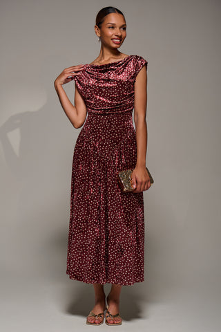 Cowl Neckline Draped Velvet Midaxi Dress, Burgundy Polka Dot