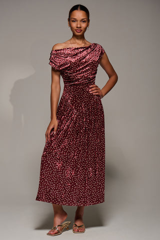 Cowl Neckline Draped Velvet Midaxi Dress, Burgundy Polka Dot