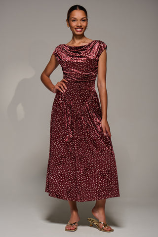 Cowl Neckline Draped Velvet Midaxi Dress, Burgundy Polka Dot