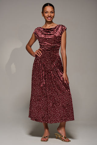 Cowl Neckline Draped Velvet Midaxi Dress, Burgundy Polka Dot