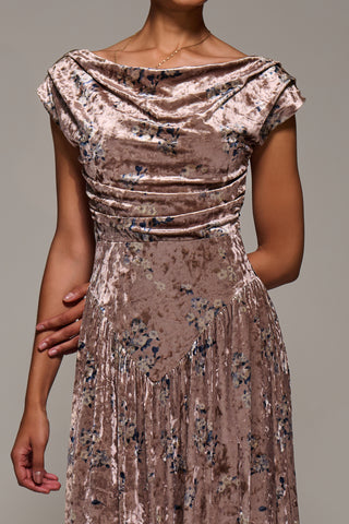 Cowl Neckline Draped Velvet Midaxi Dress, Neutral Floral