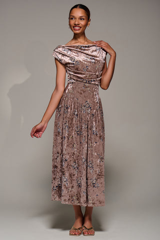 Cowl Neckline Draped Velvet Midaxi Dress, Neutral Floral