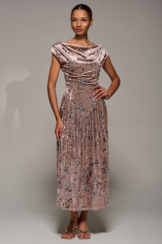 Cowl Neckline Draped Velvet Midaxi Dress, Neutral Floral