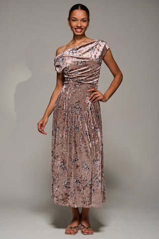 Cowl Neckline Draped Velvet Midaxi Dress, Neutral Floral