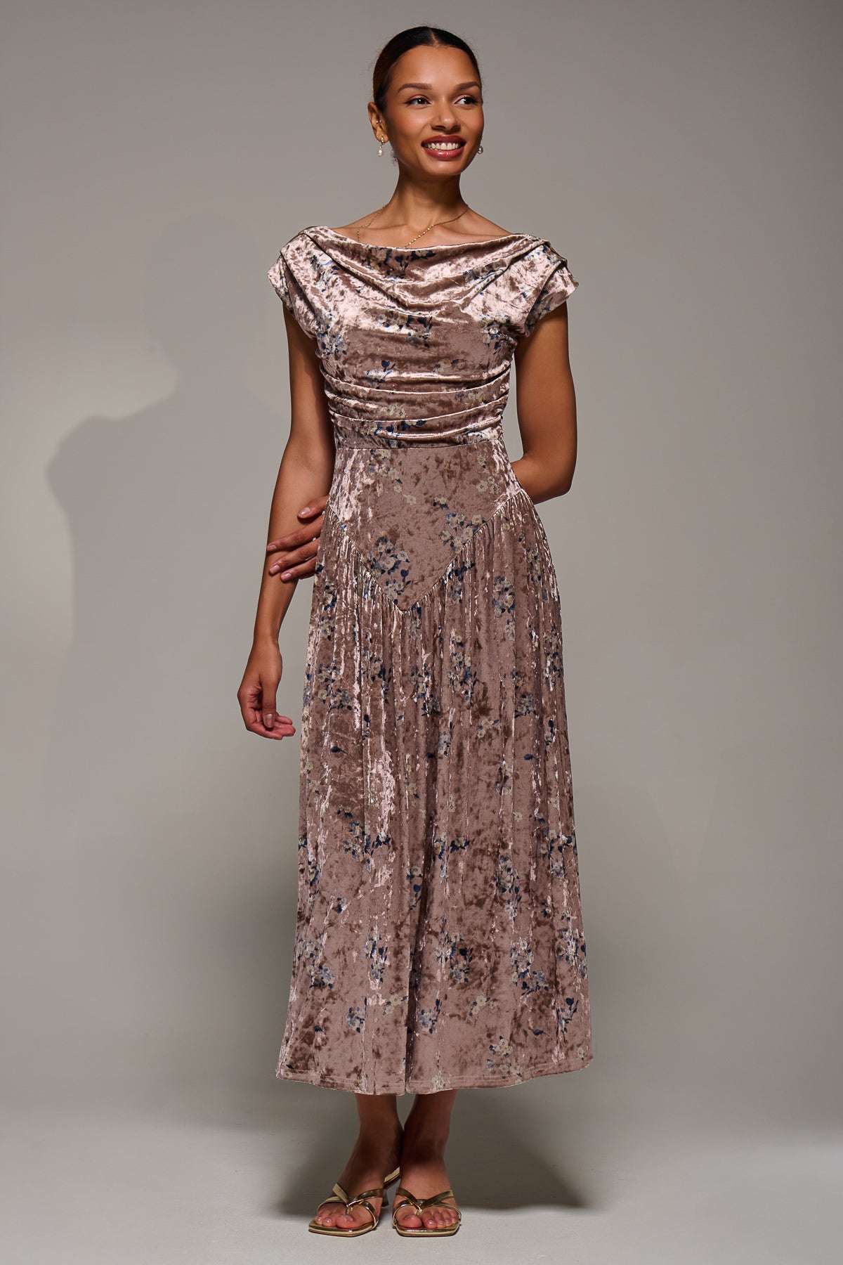 Cowl Neckline Draped Velvet Midaxi Dress, Neutral Floral – Jolie
