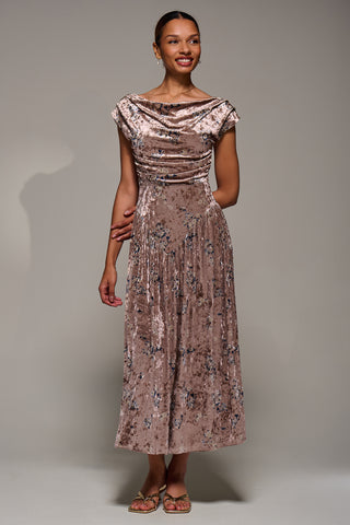 Cowl Neckline Draped Velvet Midaxi Dress, Neutral Floral