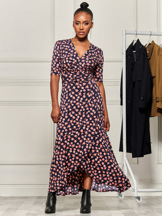 Print Viscose Frill Hem Maxi Dress, Navy Floral