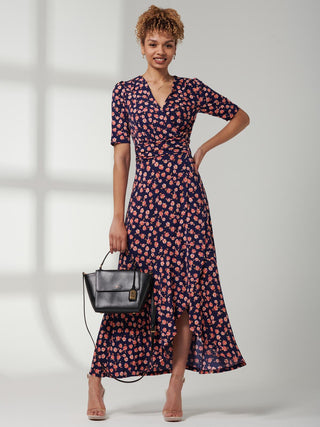 Print Viscose Frill Hem Maxi Dress, Navy Floral