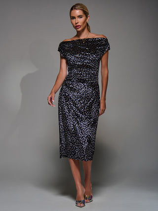 Velvet Print Ruched Bodycon Dress, Black Polka