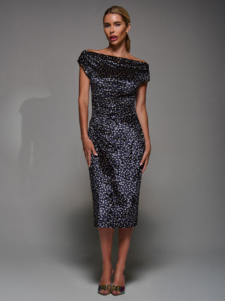 Velvet Print Ruched Bodycon Dress, Black Polka