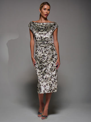 Velvet Print Ruched Bodycon Dress, Neutral Abstract