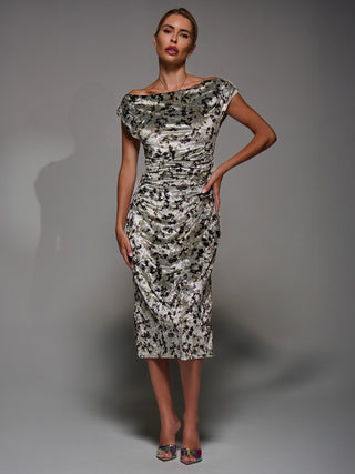 Velvet Print Ruched Bodycon Dress, Neutral Abstract