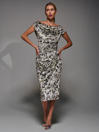 Velvet Print Ruched Bodycon Dress, Neutral Abstract