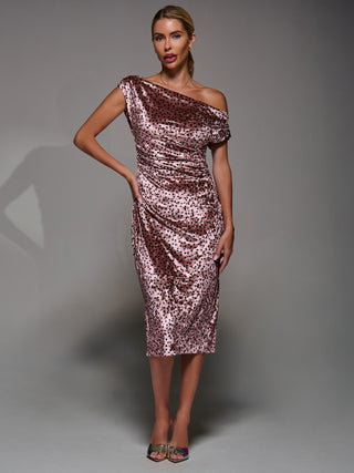 Velvet Print Ruched Bodycon Dress, Pink Polka