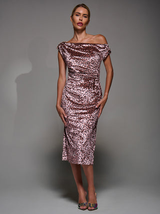 Velvet Print Ruched Bodycon Dress, Pink Polka