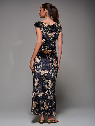 Printed Velvet Draped Maxi Dress, Black Floral Jolie Moi Retail Printed Velvet Draped Maxi Dress, Black Floral Jolie Moi Retail