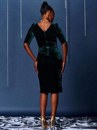 3/4 Sleeve Tie Detail Velvet Midi Dress, Forest Green