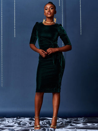 3/4 Sleeve Tie Detail Velvet Midi Dress, Forest Green Jolie Moi Retail 3/4 Sleeve Tie Detail Velvet Midi Dress, Forest Green Jolie Moi Retail