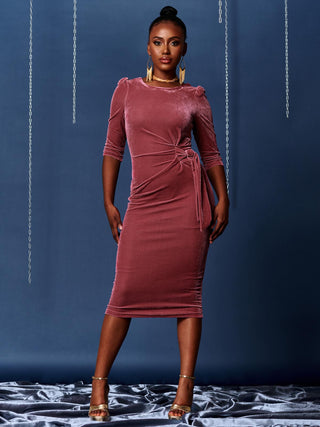 3/4 Sleeve Tie Detail Velvet Midi Dress, Pink