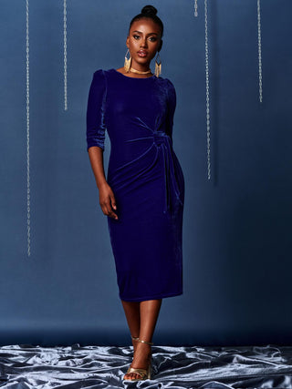 3/4 Sleeve Tie Detail Velvet Midi Dress, Royal Blue – Jolie Moi Retail
