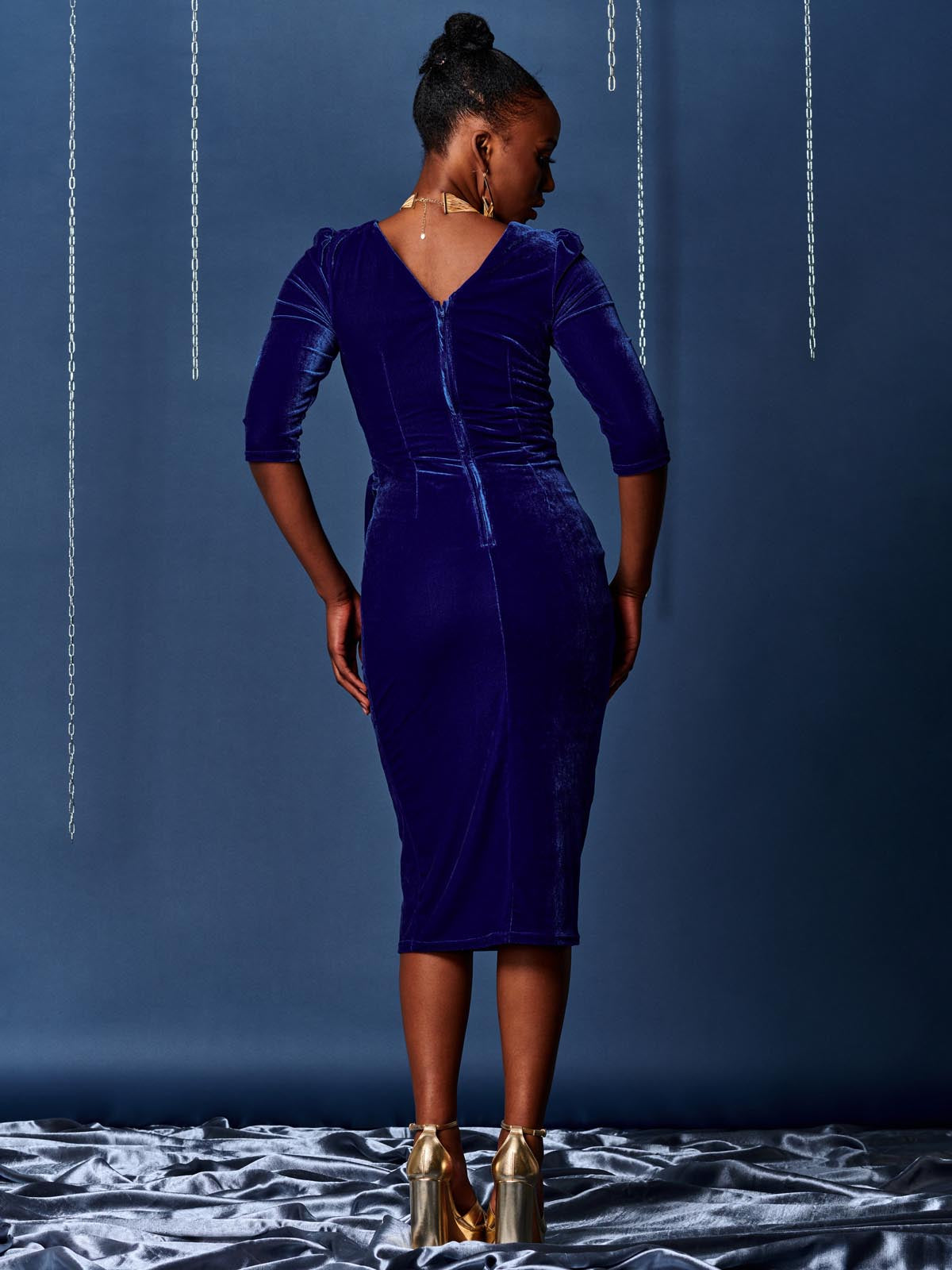 3 4 Sleeve Tie Detail Velvet Midi Dress Royal Blue